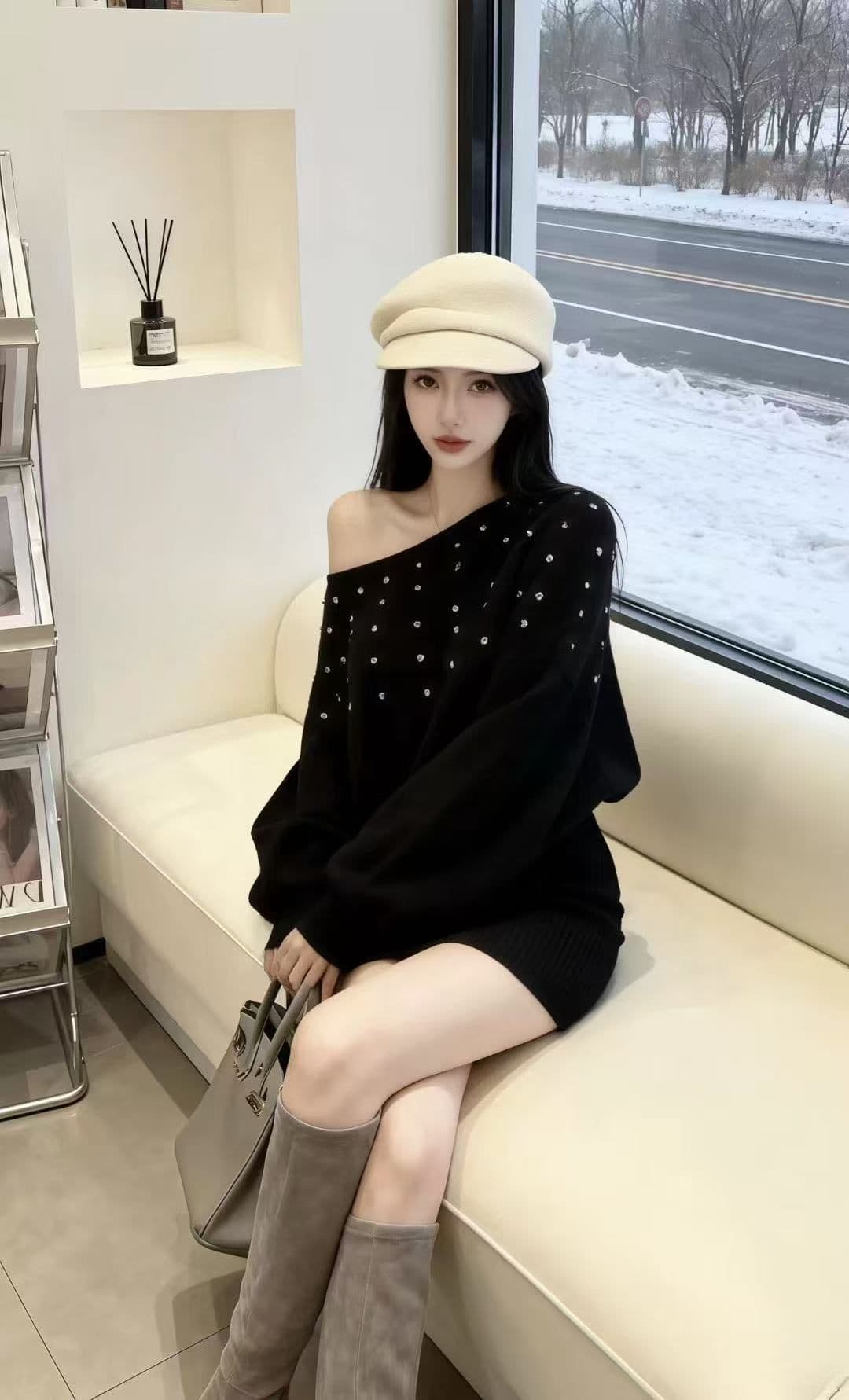 순수한 욕망 섹시함 고급 핫픽스 오프숄더 스웨터 드레스 프랑스식 하이웨이스트 품격 명문 여성 몸매 가꾸기 슬림해 보이는 니트 드레스 상세 이미지 8