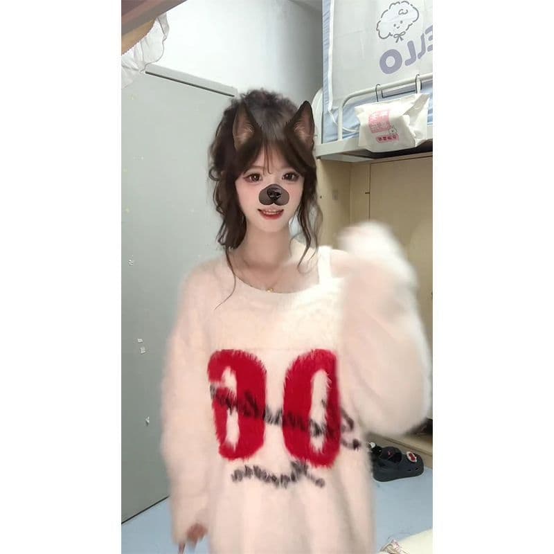 아메리칸 핫걸 새로운 가을 겨울 밍크 플리스 스웨터 여자 루즈핏 외출용 비스듬한 어깨 느긋한 바람 니트 스웨터 맨위 이미지 5