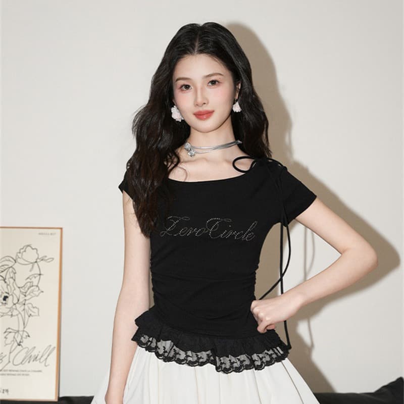 260 그램 1 1 인 면 화이트 페이크 레이어드 레이스 비스듬한 어깨 반팔 티셔츠 여름 오프숄더 핫걸 맨위 이미지 2