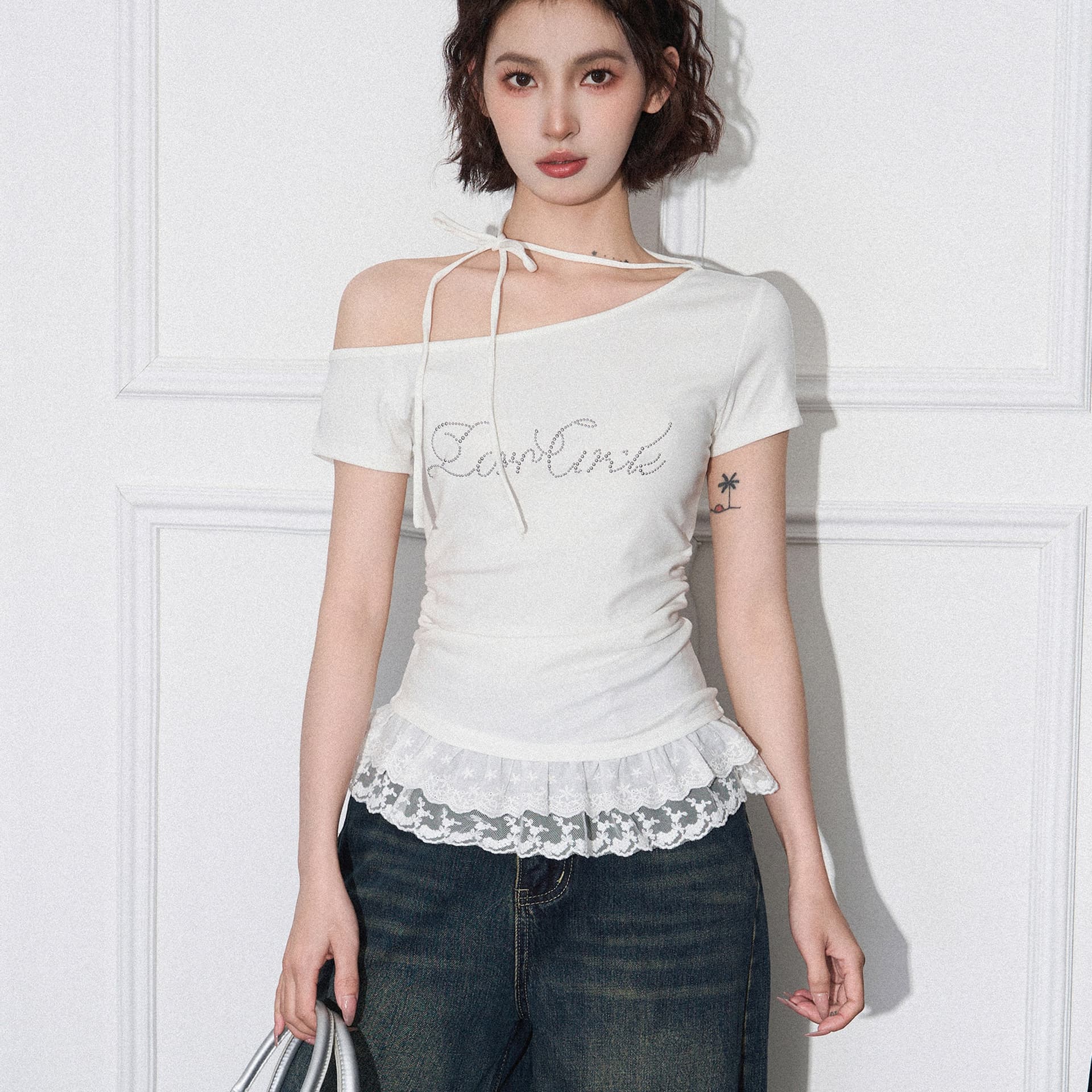 260 그램 1 1 인 면 화이트 페이크 레이어드 레이스 비스듬한 어깨 반팔 티셔츠 여름 오프숄더 핫걸 맨위 이미지 5