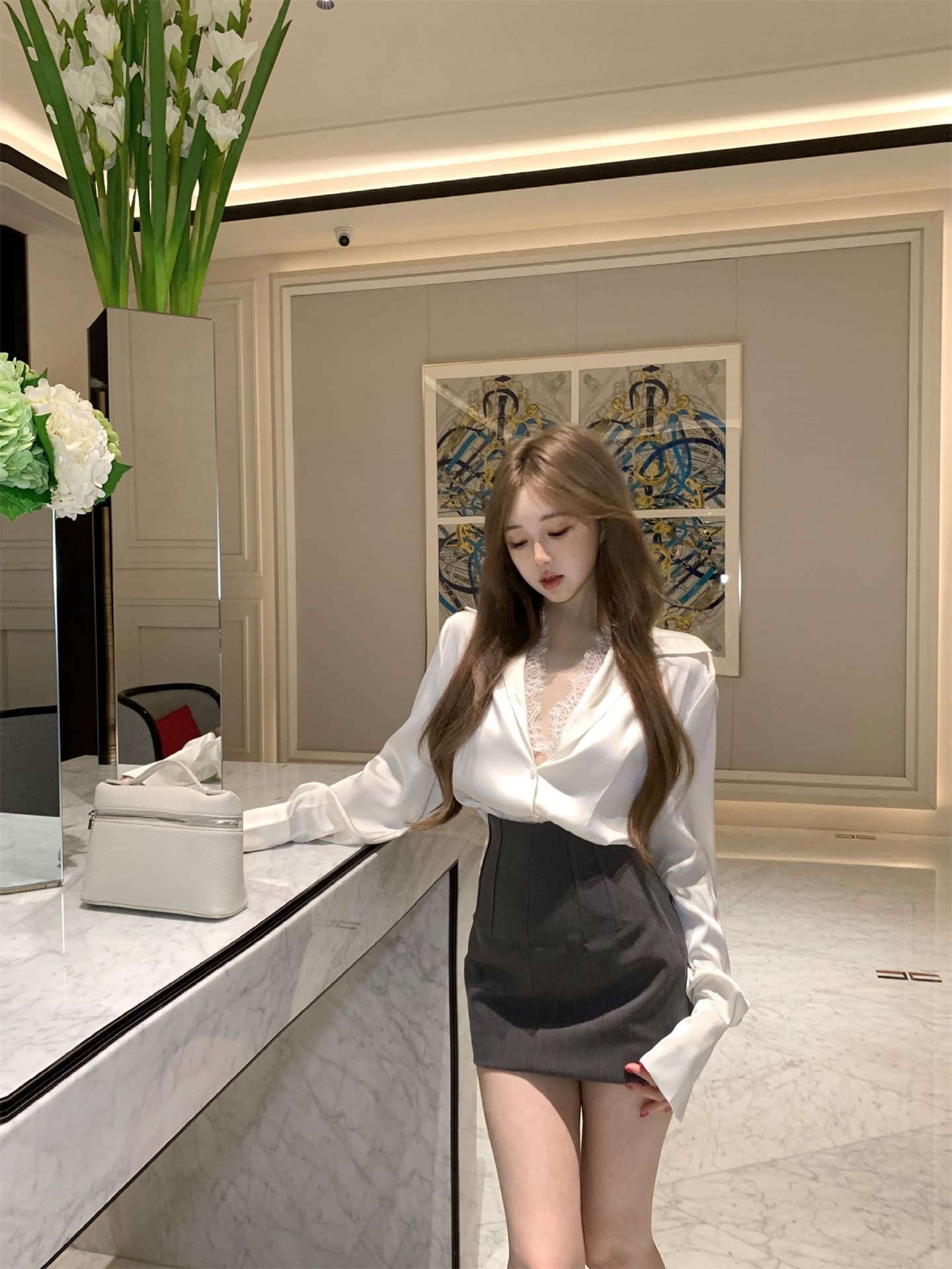 화이트 레이스 조각 긴팔 여성 셔츠 새로운 천 골드 고급 센스 빛 럭셔리 연령 감소 맨위 한국 대외 무역 상세 이미지 11
