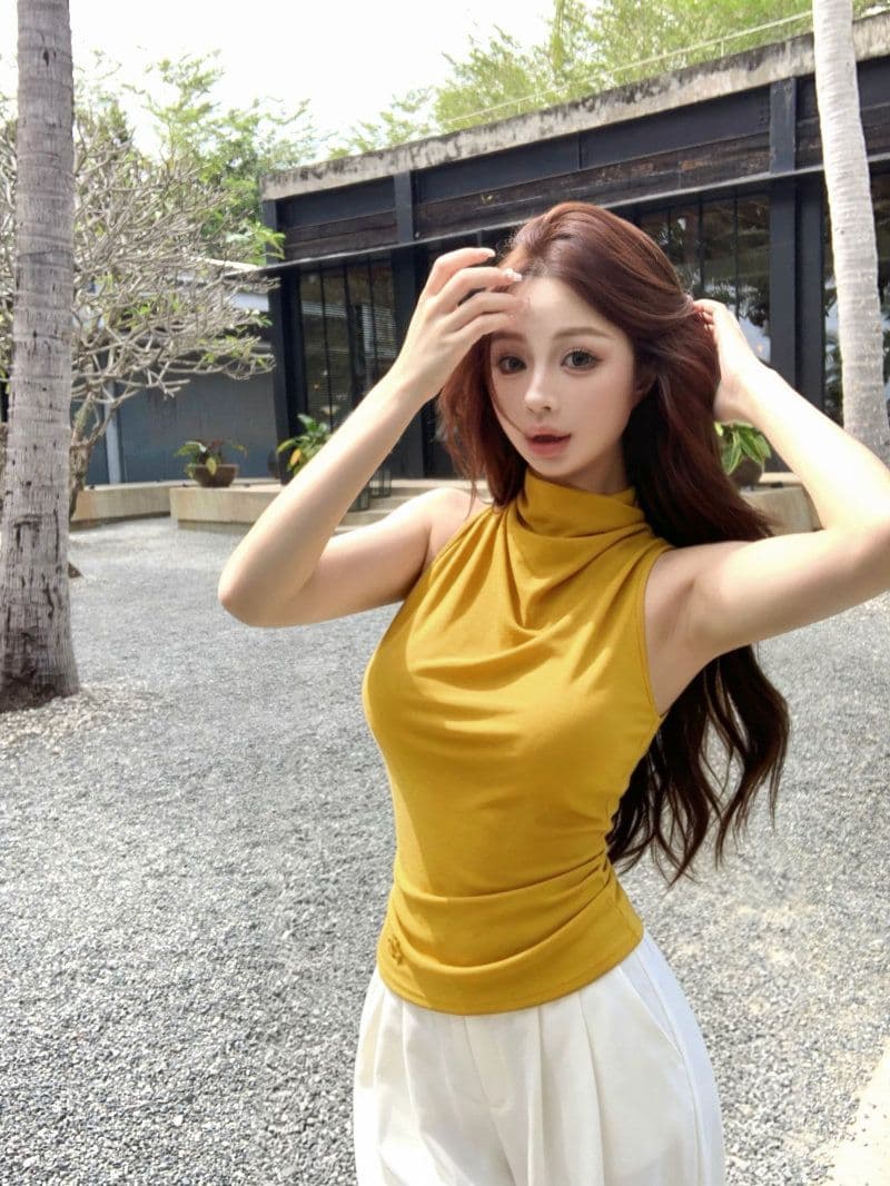 라이 경기 서울 핫걸 바람 화이트 흔들다 칼라 백리스 비틀림 조끼 여성 여름 품격 허리 수축 주름 민소매 작은 맨위 상세 이미지 2