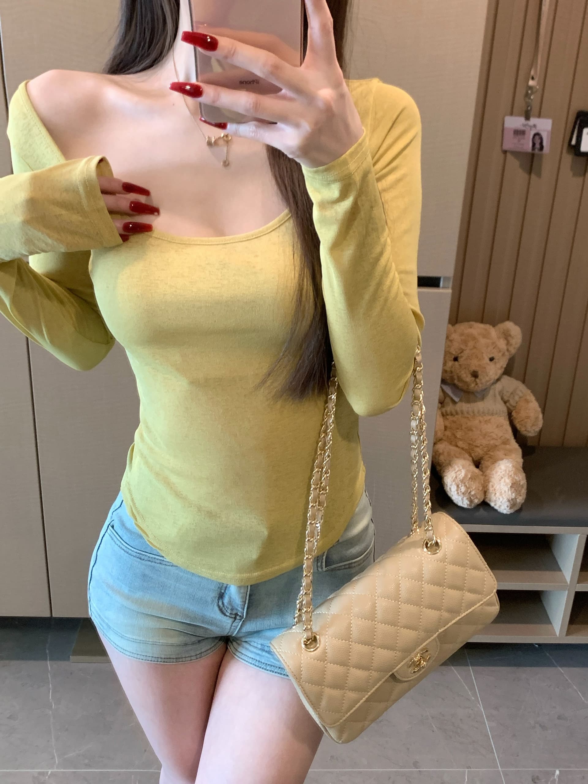대나무 마디 리브 순수한 욕망 바람 u 칼라 얇은 스타일 자외선 차단 기본 셔츠 긴팔 티셔츠 여성 여름 새로운 허리 수축 타이트 맨위 상세 이미지 2