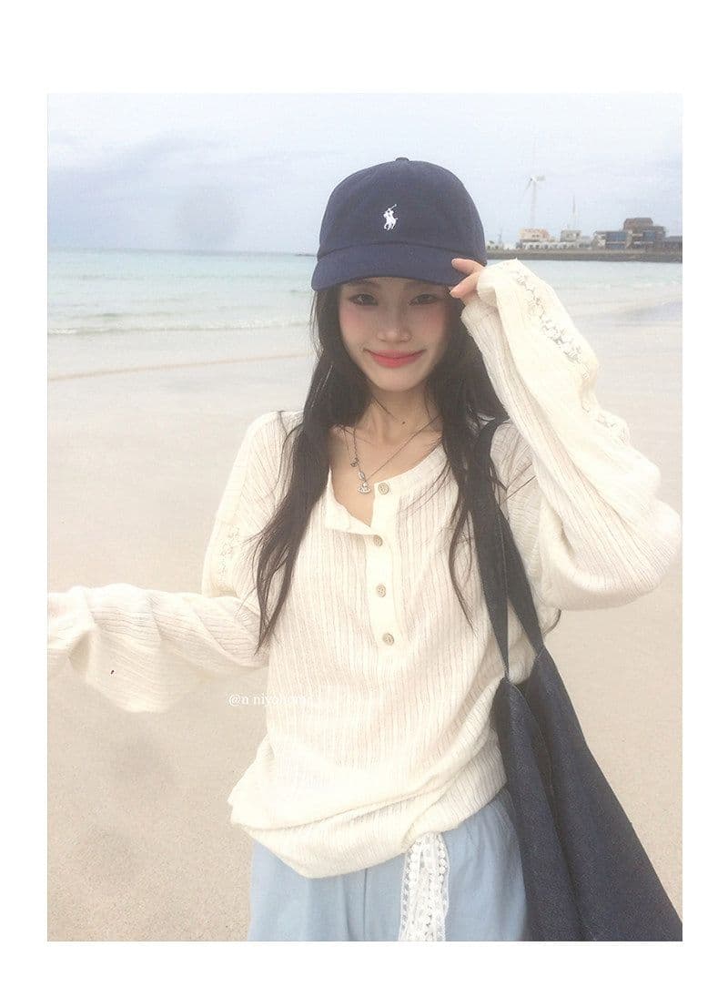 원본 한 부서 화이트 반 개방 칼라 자외선 차단 블라우스 티셔츠 여성 여름 느긋한 바람 얇고 가벼운 긴팔 맨위 한국 대외 무역 상세 이미지 2