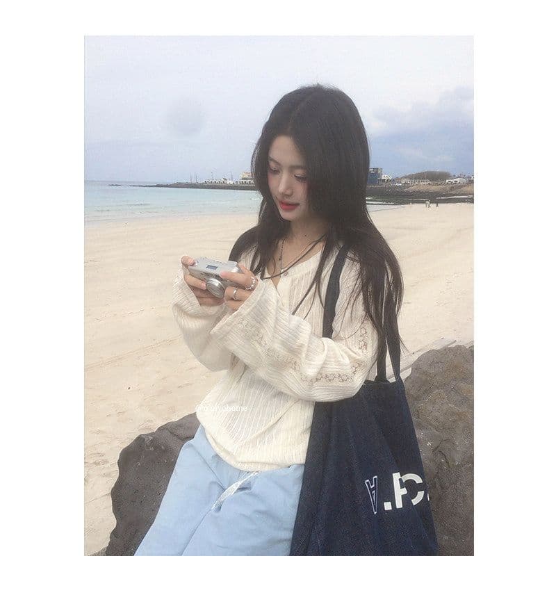 원본 한 부서 화이트 반 개방 칼라 자외선 차단 블라우스 티셔츠 여성 여름 느긋한 바람 얇고 가벼운 긴팔 맨위 한국 대외 무역 상세 이미지 19