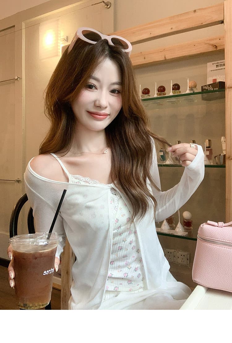 한 부서 화이트 오프숄더 긴팔 티셔츠 여성 여름 착용 가져 가라. 자외선 차단 블라우스 Tulle 맨위 꽃무늬 슬립 투피스 세트 상세 이미지 1