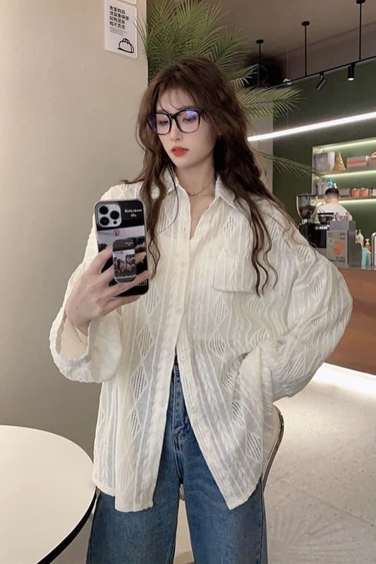 원본 품질 태양 보호 셔츠 여성 코트 봄 가을 새로운 홀로우 아웃 디자인 센스 루즈핏 중간 길이 셔츠 트렌디 의류 이미지 3
