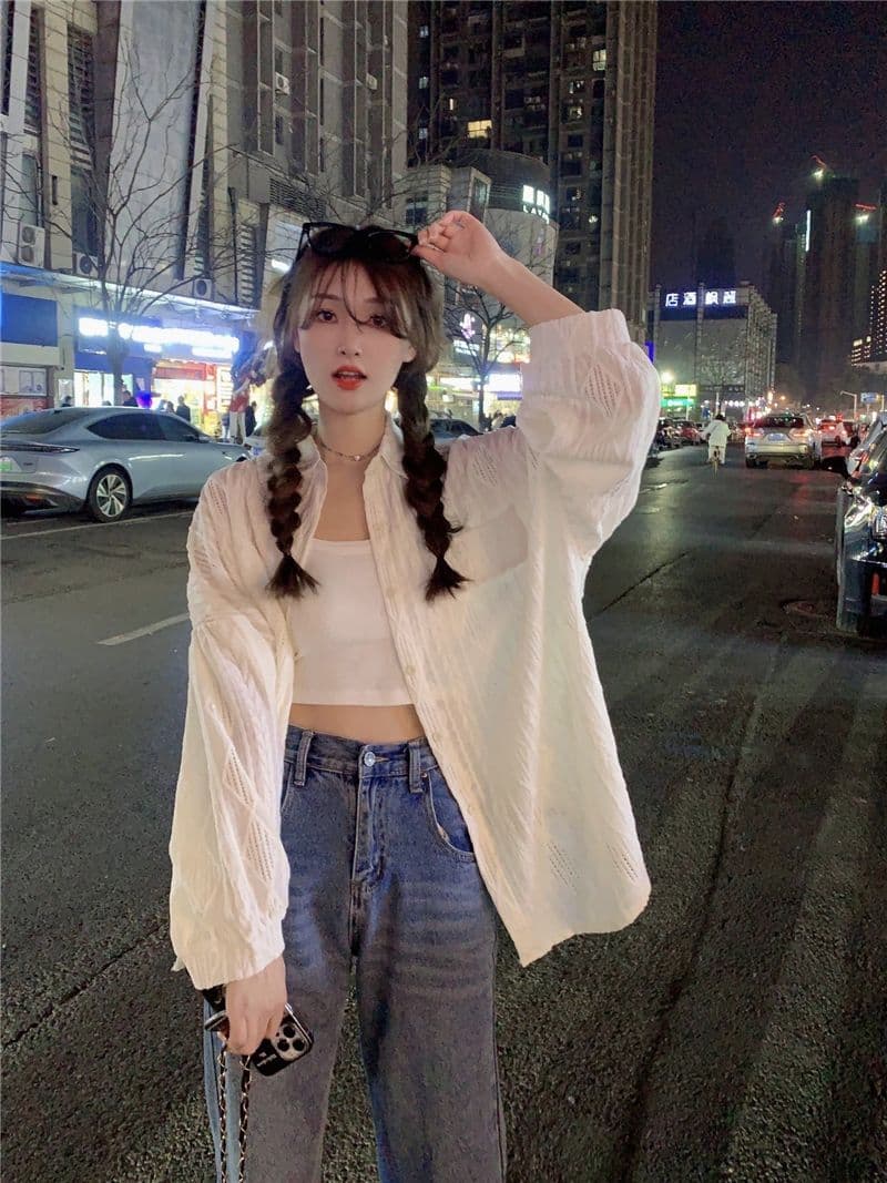 원본 품질 태양 보호 셔츠 여성 코트 봄 가을 새로운 홀로우 아웃 디자인 센스 루즈핏 중간 길이 셔츠 트렌디 의류 상세 이미지 14