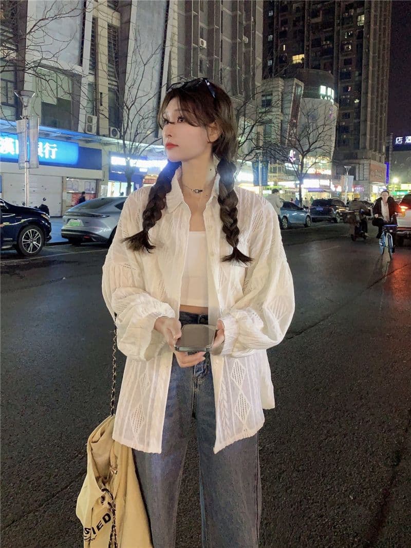 원본 품질 태양 보호 셔츠 여성 코트 봄 가을 새로운 홀로우 아웃 디자인 센스 루즈핏 중간 길이 셔츠 트렌디 의류 상세 이미지 16