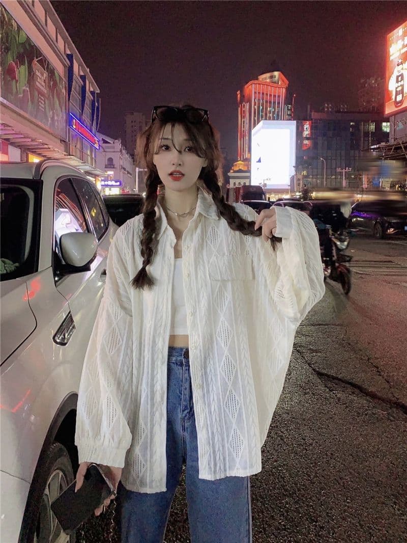 원본 품질 태양 보호 셔츠 여성 코트 봄 가을 새로운 홀로우 아웃 디자인 센스 루즈핏 중간 길이 셔츠 트렌디 의류 상세 이미지 22