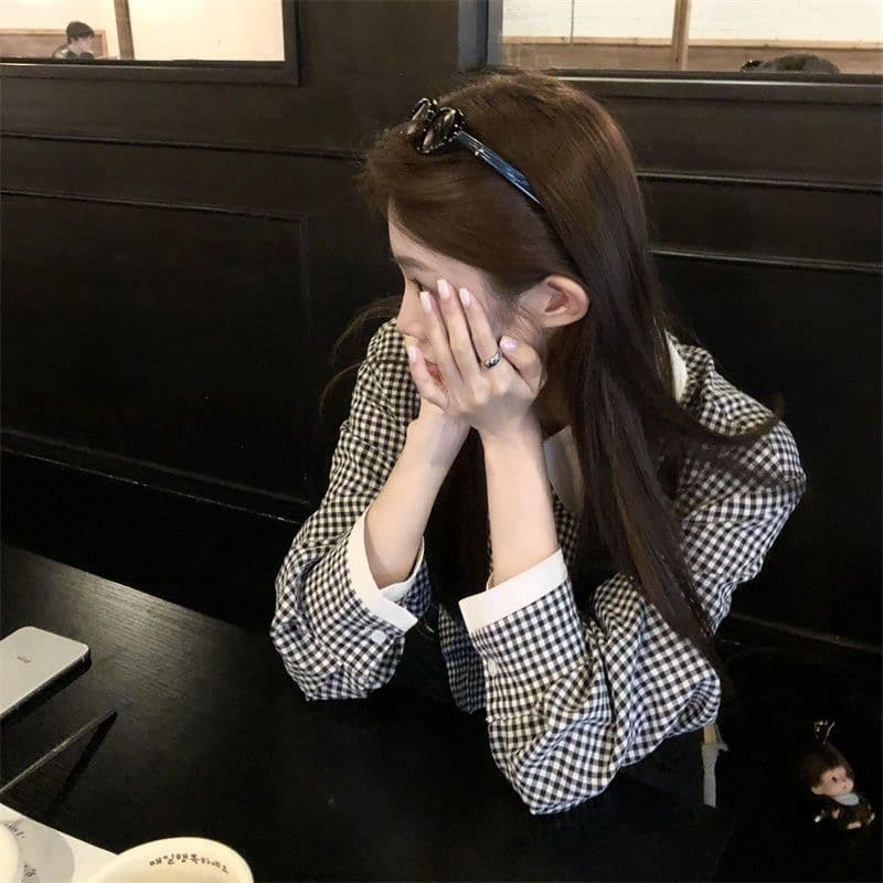 한 부서 레트로 인형 격자 무늬 셔츠 가을 새로운 쇼트 스타일 맨위 몸매 가꾸기 슬림해 보이는 오픈 가디건 외출용 재킷 상세 이미지 5