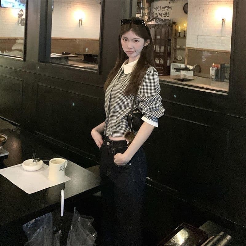 한 부서 레트로 인형 격자 무늬 셔츠 가을 새로운 쇼트 스타일 맨위 몸매 가꾸기 슬림해 보이는 오픈 가디건 외출용 재킷 상세 이미지 10