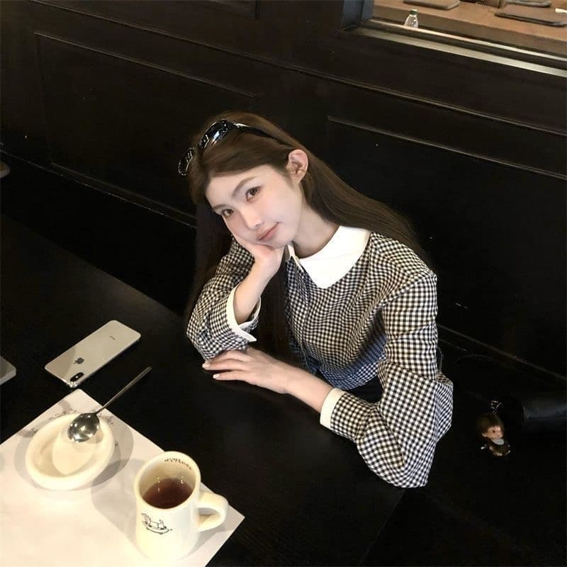 한 부서 레트로 인형 격자 무늬 셔츠 가을 새로운 쇼트 스타일 맨위 몸매 가꾸기 슬림해 보이는 오픈 가디건 외출용 재킷 상세 이미지 11