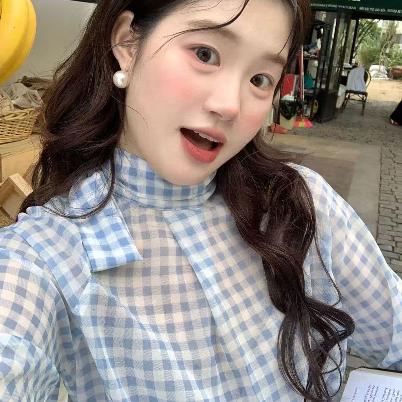 한국 스타일 다용도 블루 화이트 체크무늬 터틀넥 셔츠 슬림해 보이는 백 긴팔 여성 셔츠 나비 매듭 만나는 셔츠 몸매 가꾸기 표지 이미지 2