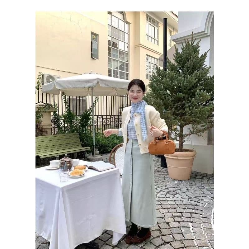 한국 스타일 다용도 블루 화이트 체크무늬 터틀넥 셔츠 슬림해 보이는 백 긴팔 여성 셔츠 나비 매듭 만나는 셔츠 몸매 가꾸기 표지 이미지 3