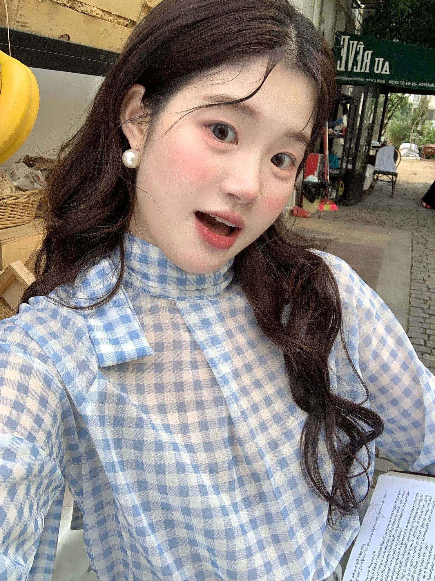 한국 스타일 다용도 블루 화이트 체크무늬 터틀넥 셔츠 슬림해 보이는 백 긴팔 여성 셔츠 나비 매듭 만나는 셔츠 몸매 가꾸기 표지 상세 이미지 1