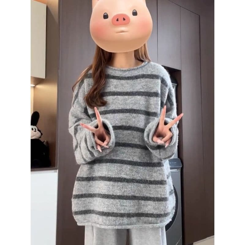 양 타조 울 레트로 스트라이프 라운드 넥 긴팔 니트 스웨터 여성 루즈핏 느긋한 바람 인사이드 가져 가라. 스웨터 한국 대외 무역 상세 이미지 9