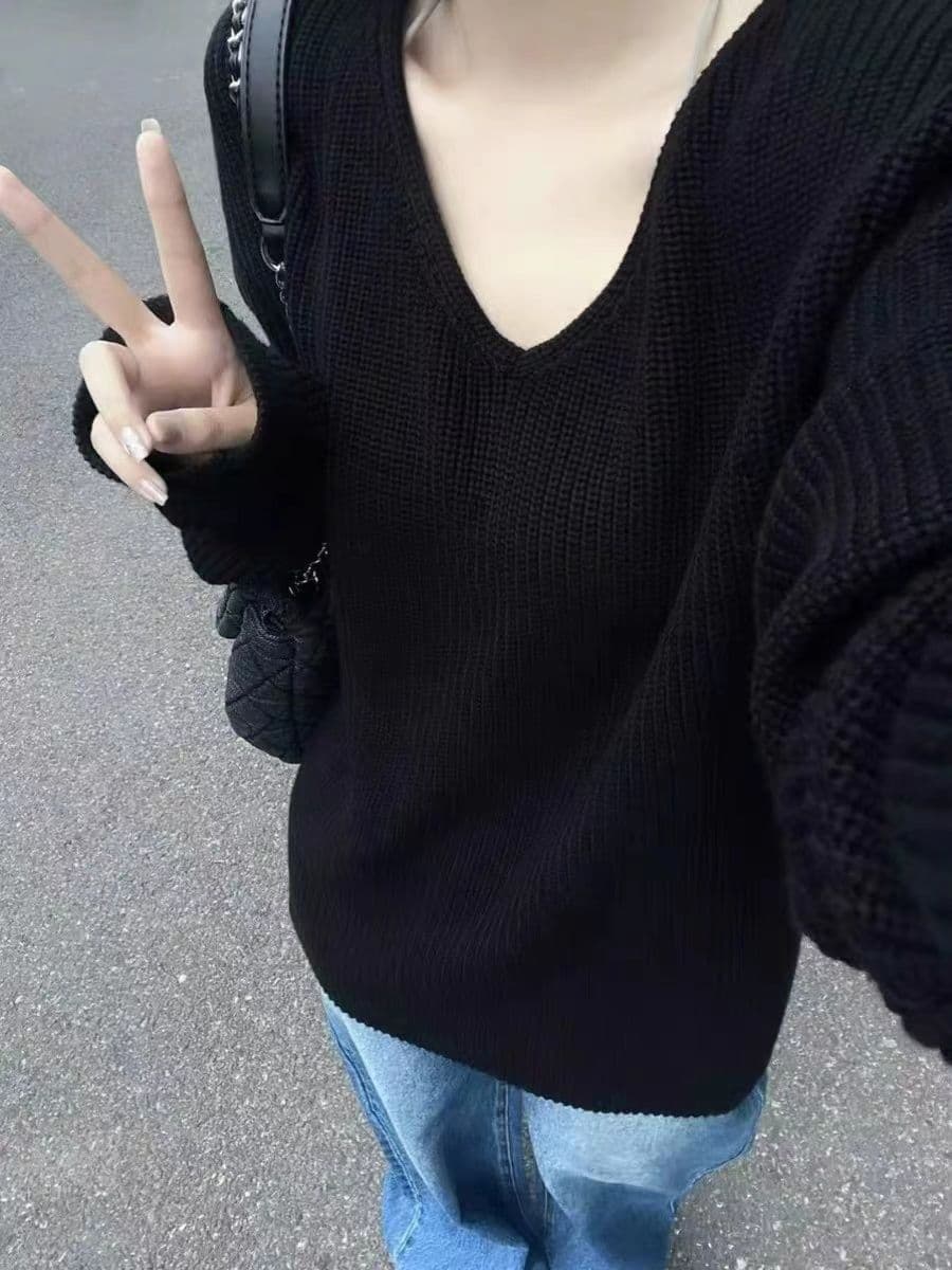 양 플러시 가을 V넥 익스트림 제인 게으른 부주의 한 바람 스웨터 여자 단색 캐주얼 루즈핏 니트 맨위 트렌디 상세 이미지 4