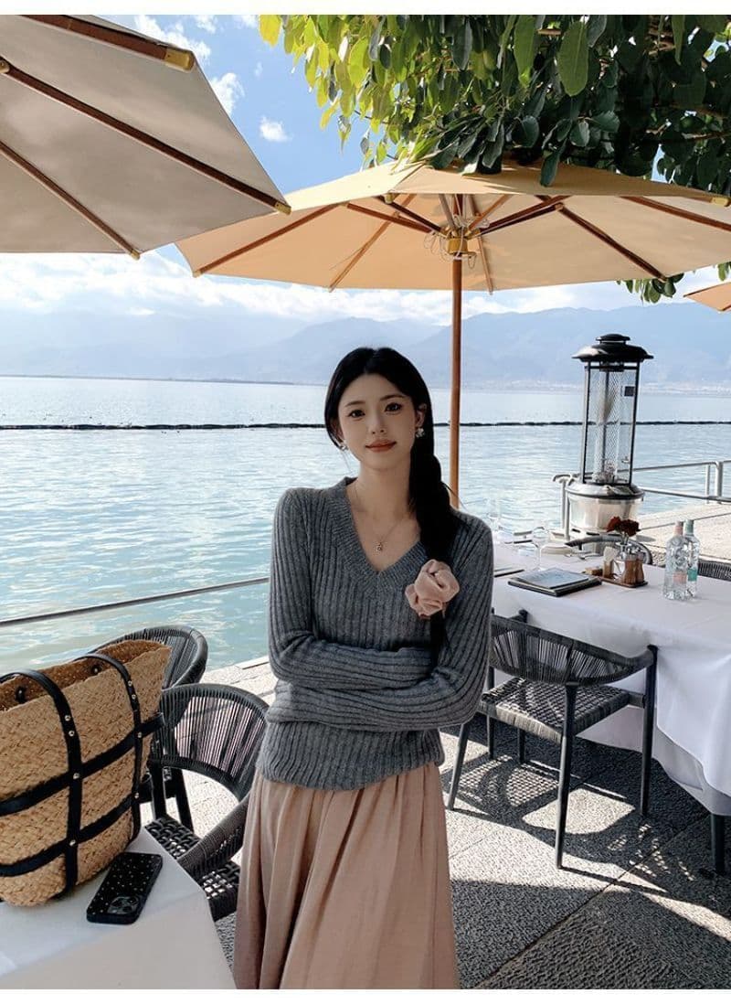 종이 사람들 느긋한 트임 소매 니트 기본 셔츠 여성 가을 새로운 다용도 V넥 슬림해 보이는 긴팔 맨위 겨울 상세 이미지 6