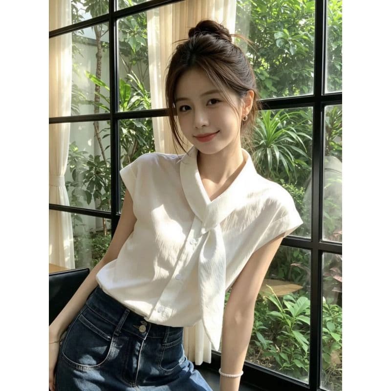 폴리 에스터 브로케이드 주름 프랑스식 화이트 리본 칼라 반팔 여성 셔츠 여름 품격 셔츠 루즈핏 작은 날다 소매 맨위