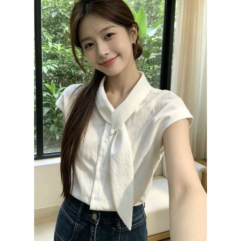 폴리 에스터 브로케이드 주름 프랑스식 화이트 리본 칼라 반팔 여성 셔츠 여름 품격 셔츠 루즈핏 작은 날다 소매 맨위 이미지 5