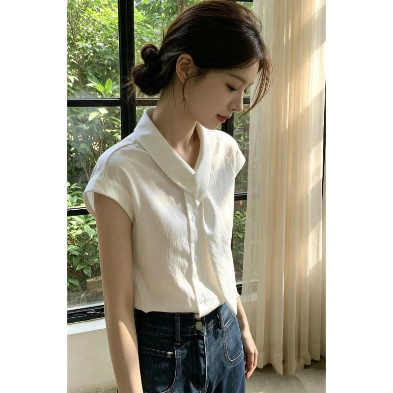 폴리 에스터 브로케이드 주름 프랑스식 화이트 리본 칼라 반팔 여성 셔츠 여름 품격 셔츠 루즈핏 작은 날다 소매 맨위 이미지 3