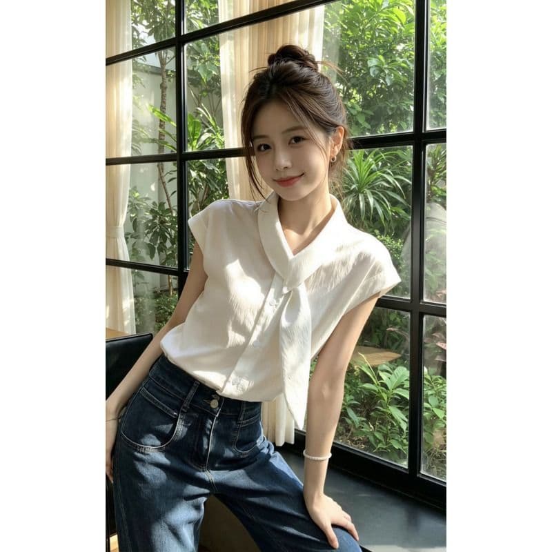 폴리 에스터 브로케이드 주름 프랑스식 화이트 리본 칼라 반팔 여성 셔츠 여름 품격 셔츠 루즈핏 작은 날다 소매 맨위 이미지 4