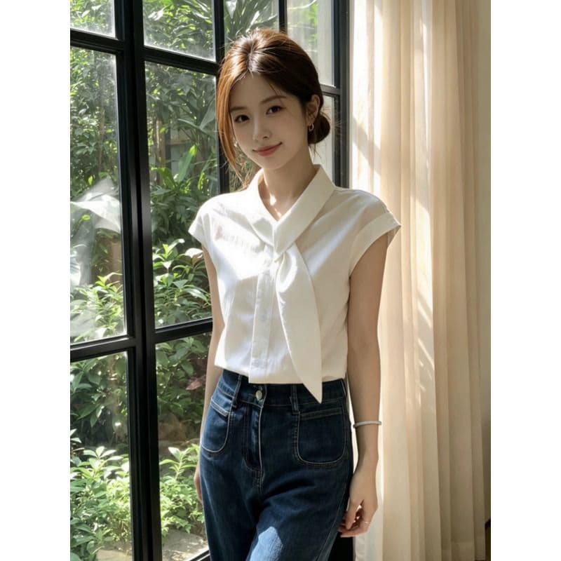 폴리 에스터 브로케이드 주름 프랑스식 화이트 리본 칼라 반팔 여성 셔츠 여름 품격 셔츠 루즈핏 작은 날다 소매 맨위 이미지 2