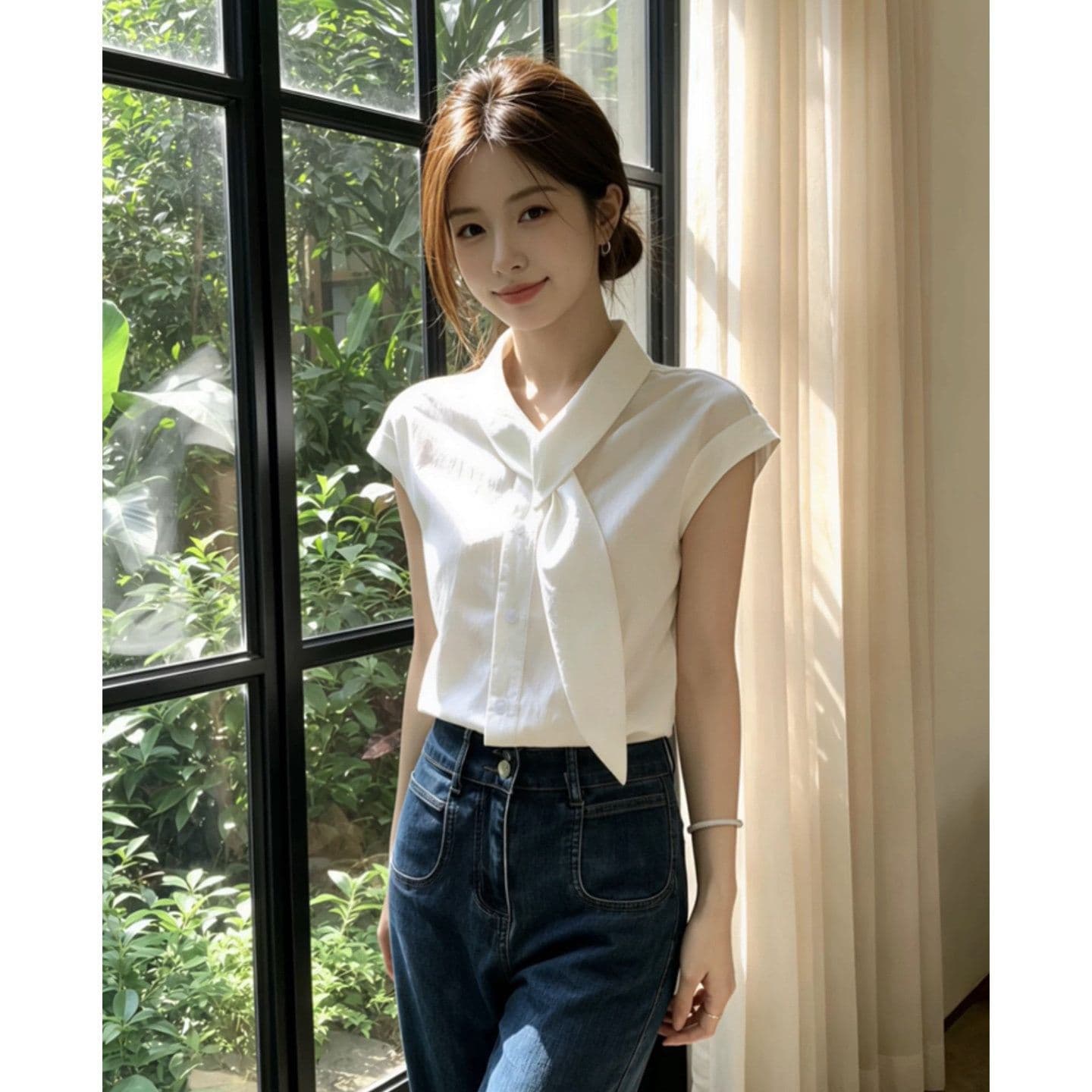폴리 에스터 브로케이드 주름 프랑스식 화이트 리본 칼라 반팔 여성 셔츠 여름 품격 셔츠 루즈핏 작은 날다 소매 맨위 상세 이미지 4
