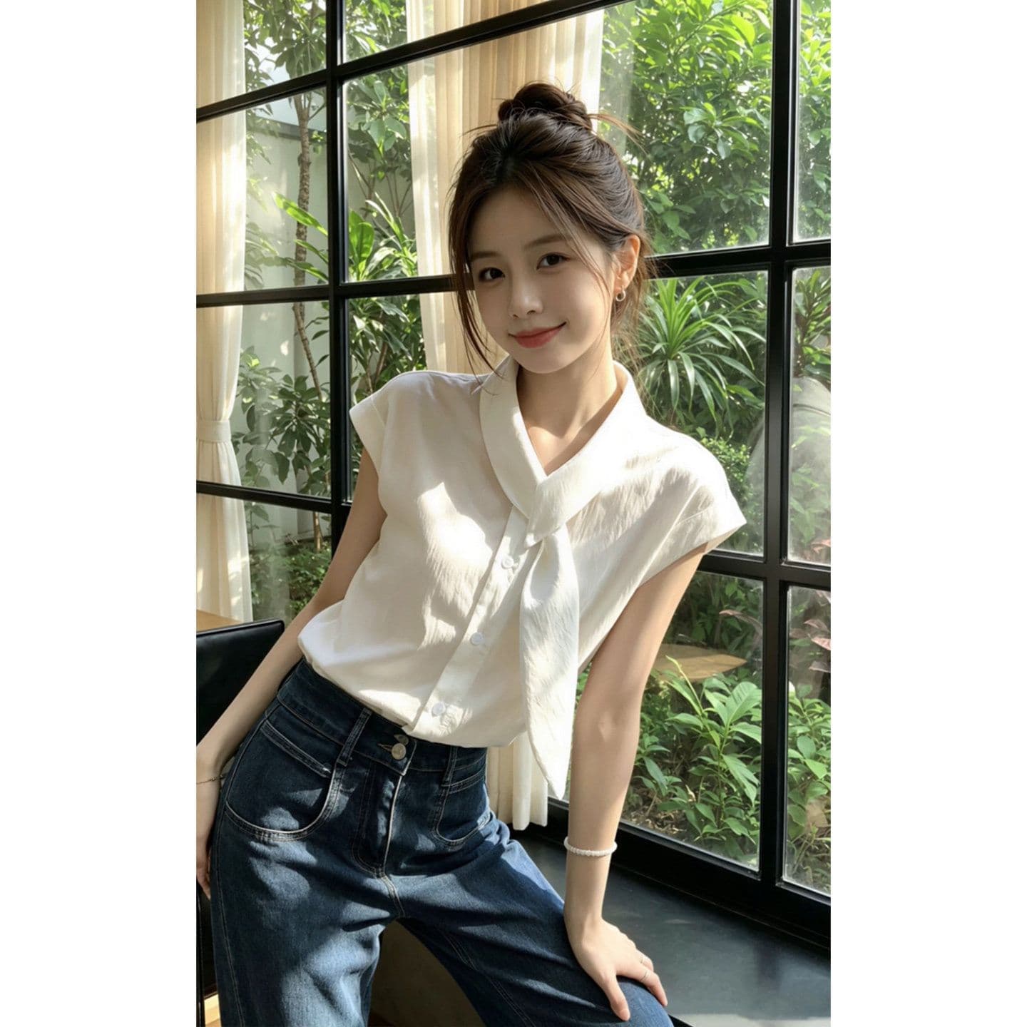 폴리 에스터 브로케이드 주름 프랑스식 화이트 리본 칼라 반팔 여성 셔츠 여름 품격 셔츠 루즈핏 작은 날다 소매 맨위 상세 이미지 6