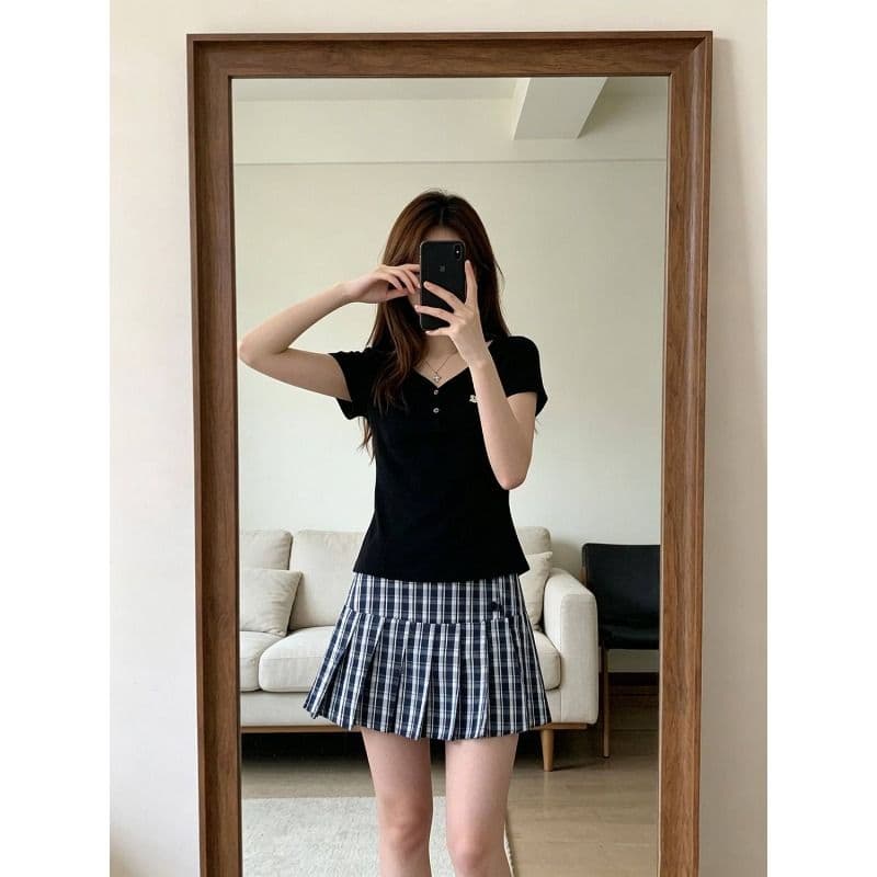 260 그램 사람들 면 V넥 알파벳 금속 표준 몸매 가꾸기 반팔 티셔츠 여성 여름 몸매 가꾸기 슬림해 보이는 디자인 센스 맨위 이미지 2