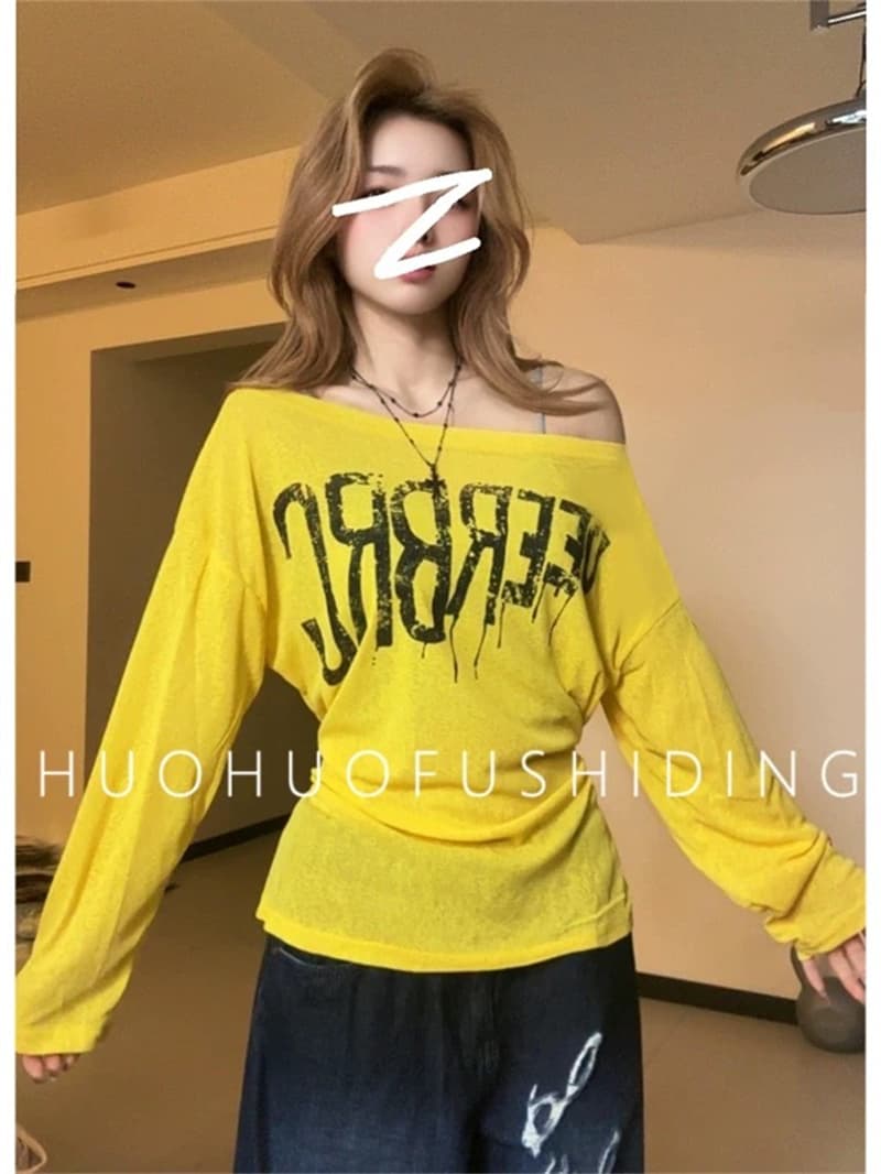 느긋한 바람 루즈핏 알파벳 프린트 긴팔 티셔츠 여성 의류 새로운 여름 한 부서 디자인 센스 캐주얼 맨위 상세 이미지 20