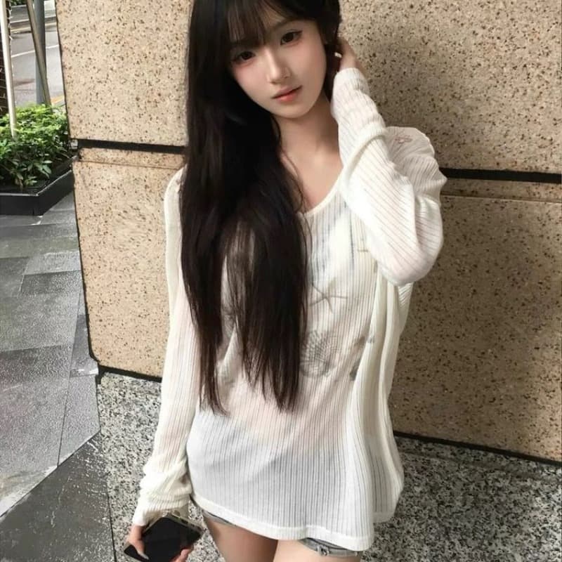 힘 공장 자수 순수한 욕망 핫걸 자외선 차단 블라우스 티셔츠 여름 느긋한 루즈핏 슬림해 보이는 얇고 가벼운 마이크로 ~을 통해 의류 이미지 5