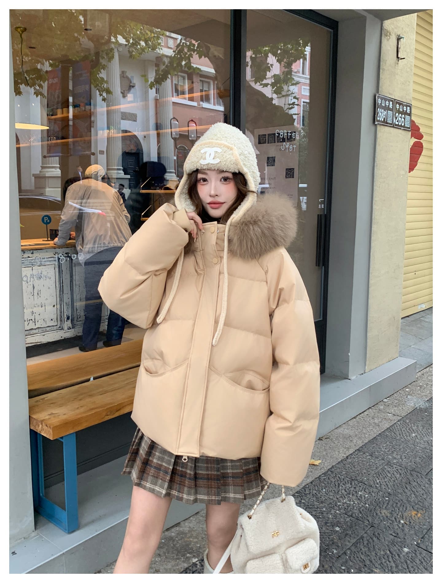 큰 모피 칼라 핑크색 후드 아래 면화 의류 여성 겨울 새로운 작은 키 달콤함 보온 클립 목화 진딧물 두꺼운 재킷 상세 이미지 19