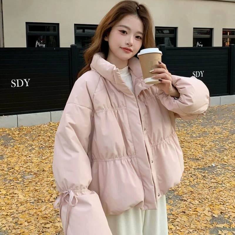 작은 키 버블 푸 허리 수축 아래 면화 의류 여성 겨울 쇼트 스타일 2026 새로운 한 부서 학원 스탠드 칼라 빵 외투 이미지 5