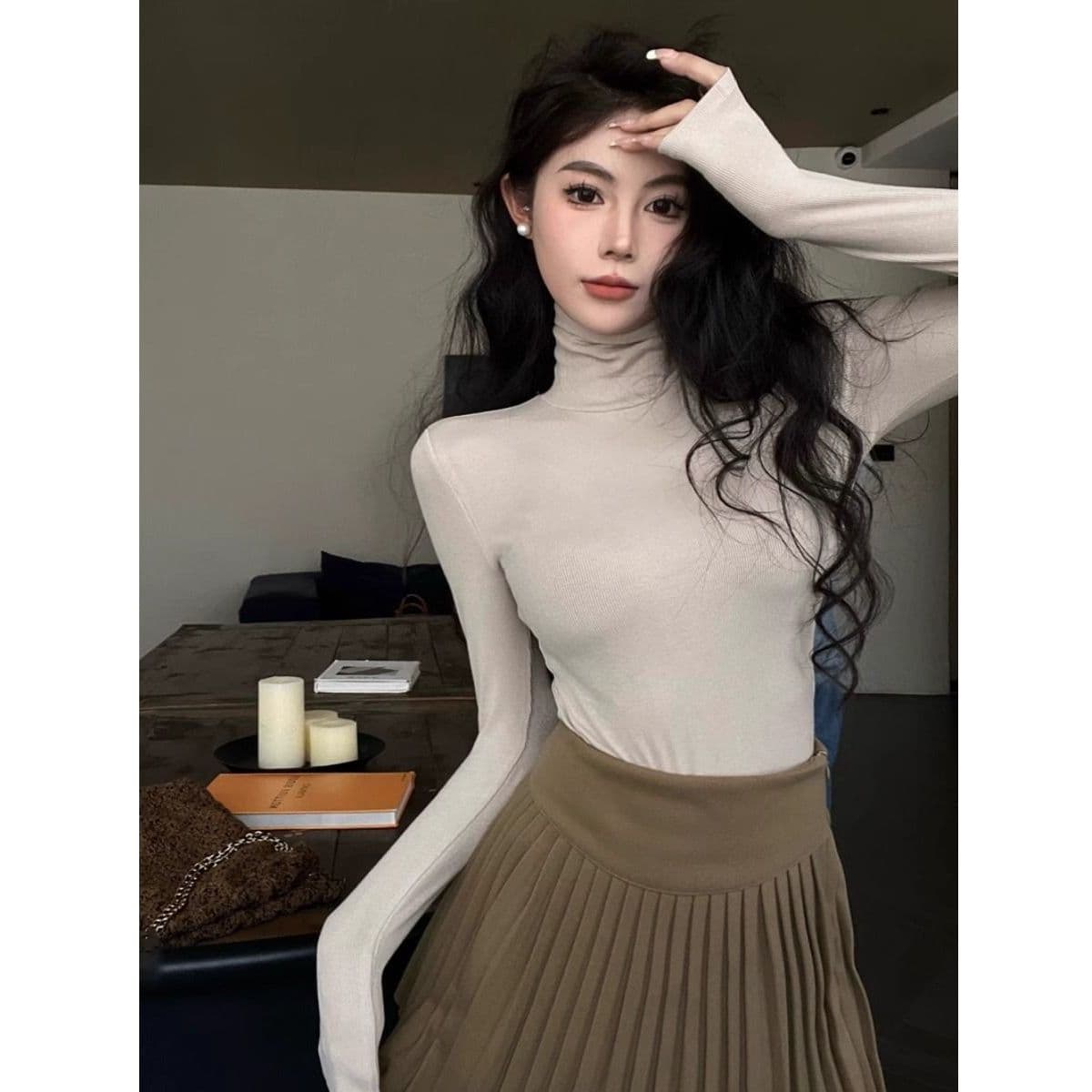 리브 De 플러시 연삭 털 보온 터틀넥 티셔츠 여성 가을 겨울 신축성 회색 긴팔 맨위 털이 있는 기본 셔츠 이미지 2