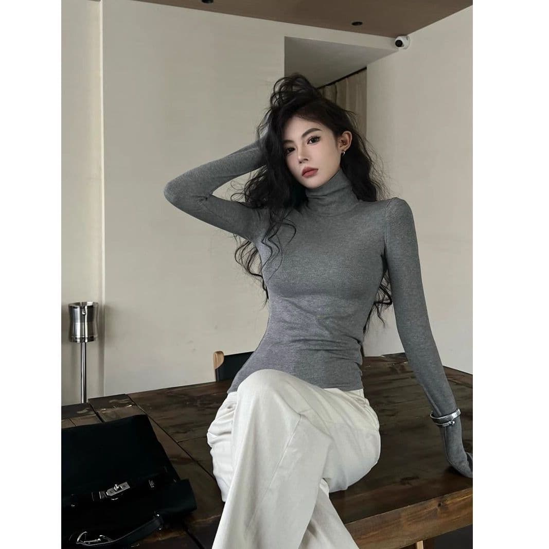 리브 De 플러시 연삭 털 보온 터틀넥 티셔츠 여성 가을 겨울 신축성 회색 긴팔 맨위 털이 있는 기본 셔츠 이미지 3