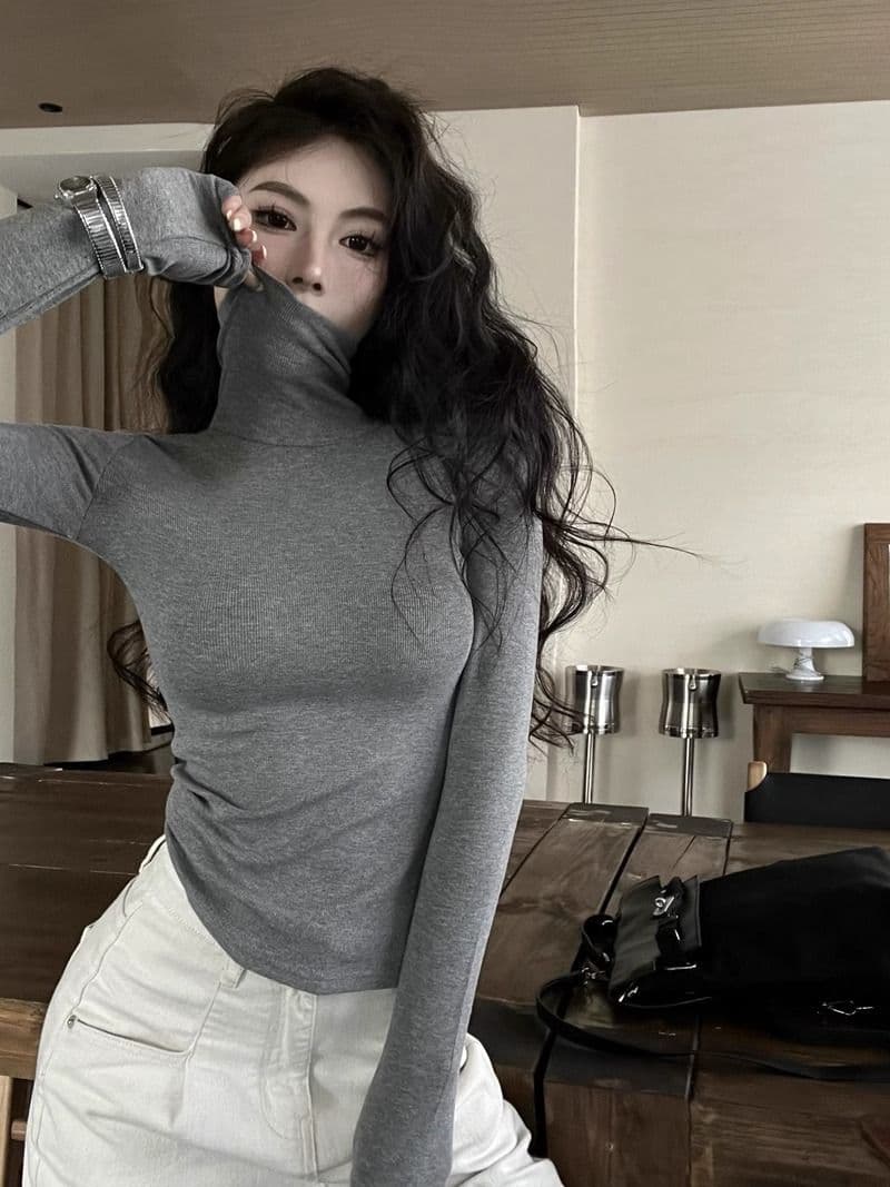 리브 De 플러시 연삭 털 보온 터틀넥 티셔츠 여성 가을 겨울 신축성 회색 긴팔 맨위 털이 있는 기본 셔츠 상세 이미지 4