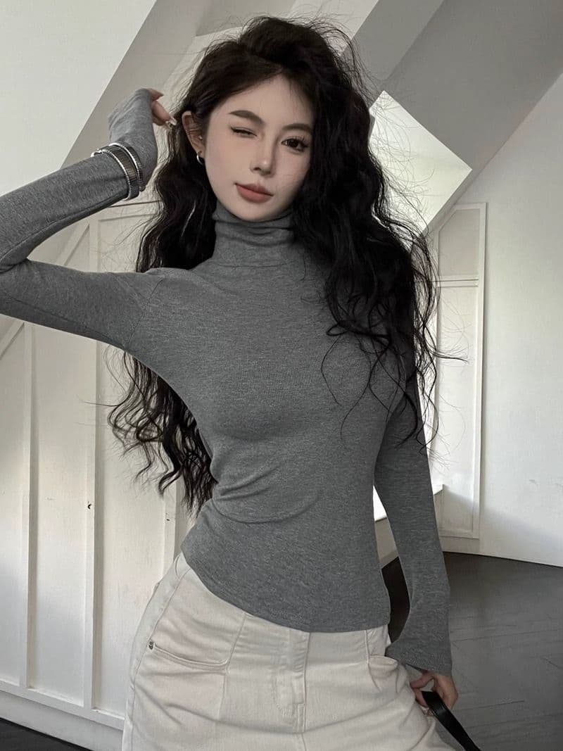 리브 De 플러시 연삭 털 보온 터틀넥 티셔츠 여성 가을 겨울 신축성 회색 긴팔 맨위 털이 있는 기본 셔츠 상세 이미지 6