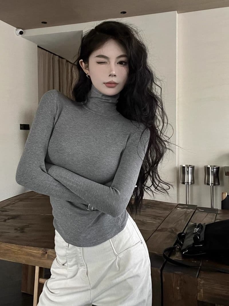 리브 De 플러시 연삭 털 보온 터틀넥 티셔츠 여성 가을 겨울 신축성 회색 긴팔 맨위 털이 있는 기본 셔츠 상세 이미지 7