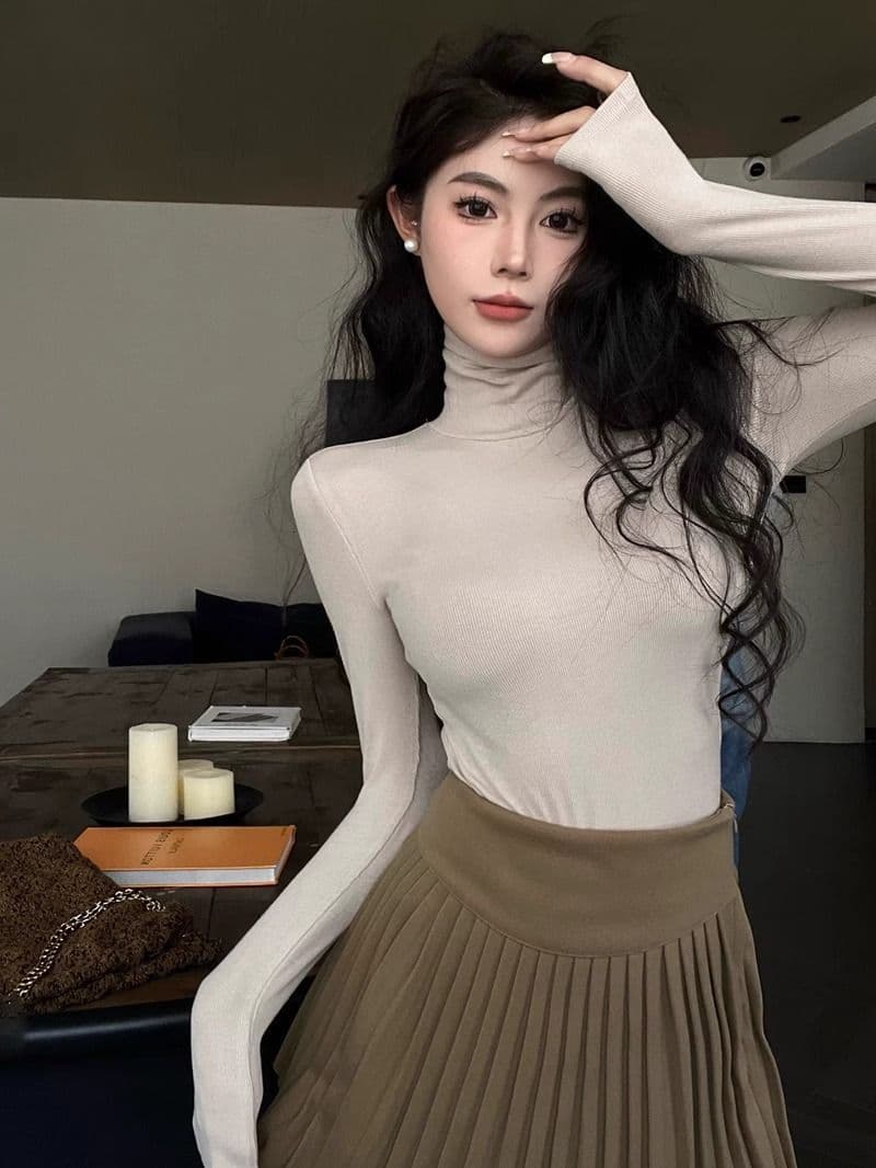 리브 De 플러시 연삭 털 보온 터틀넥 티셔츠 여성 가을 겨울 신축성 회색 긴팔 맨위 털이 있는 기본 셔츠 상세 이미지 9