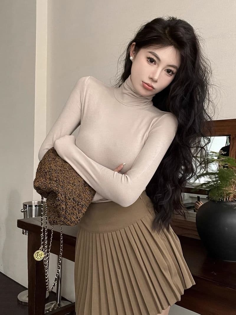 리브 De 플러시 연삭 털 보온 터틀넥 티셔츠 여성 가을 겨울 신축성 회색 긴팔 맨위 털이 있는 기본 셔츠 상세 이미지 10
