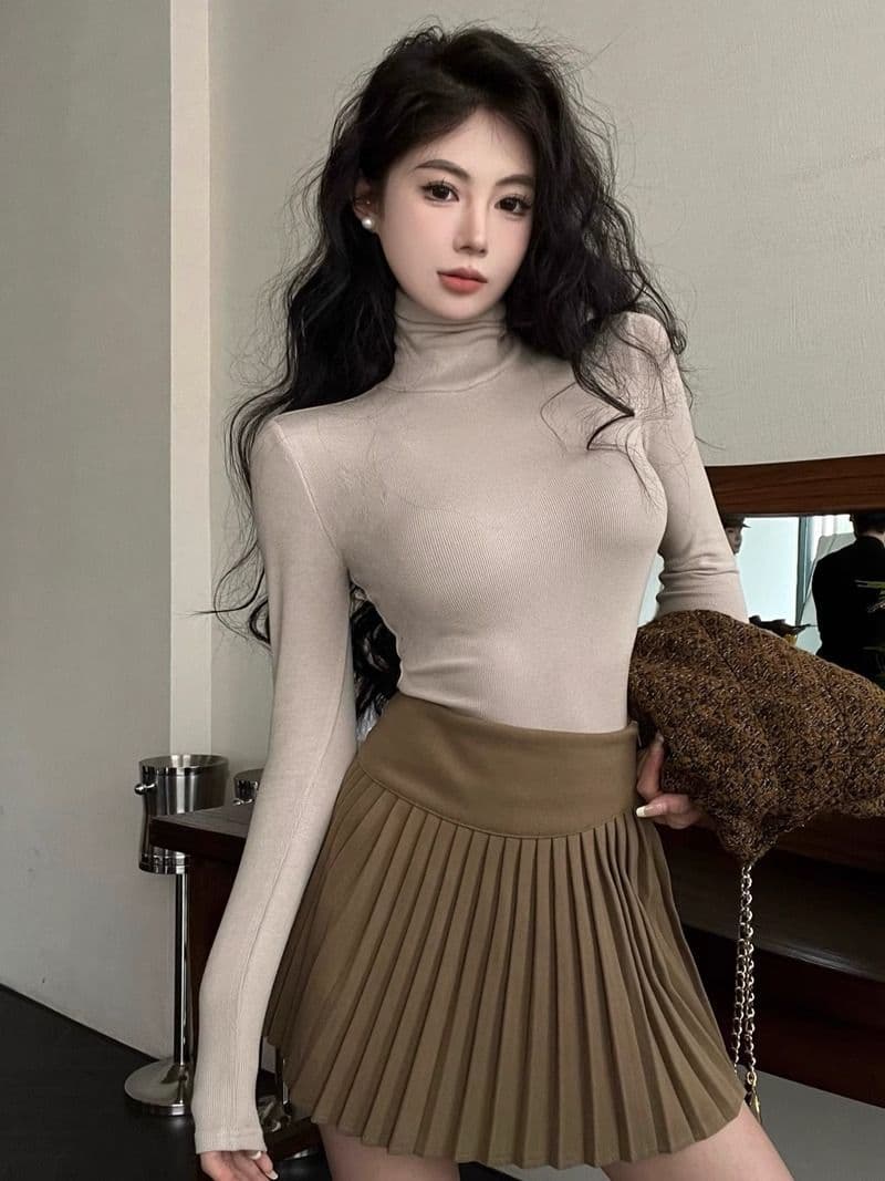 리브 De 플러시 연삭 털 보온 터틀넥 티셔츠 여성 가을 겨울 신축성 회색 긴팔 맨위 털이 있는 기본 셔츠 상세 이미지 14