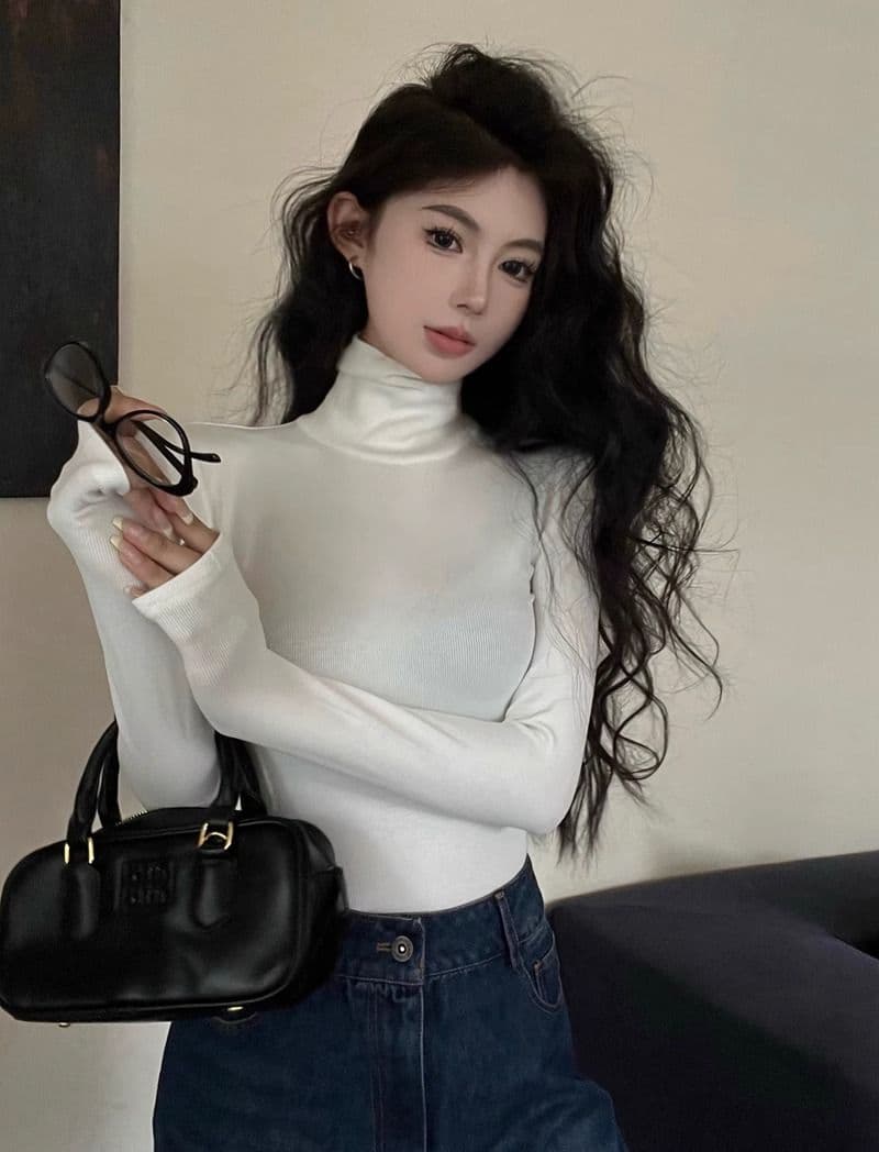 리브 De 플러시 연삭 털 보온 터틀넥 티셔츠 여성 가을 겨울 신축성 회색 긴팔 맨위 털이 있는 기본 셔츠 상세 이미지 15