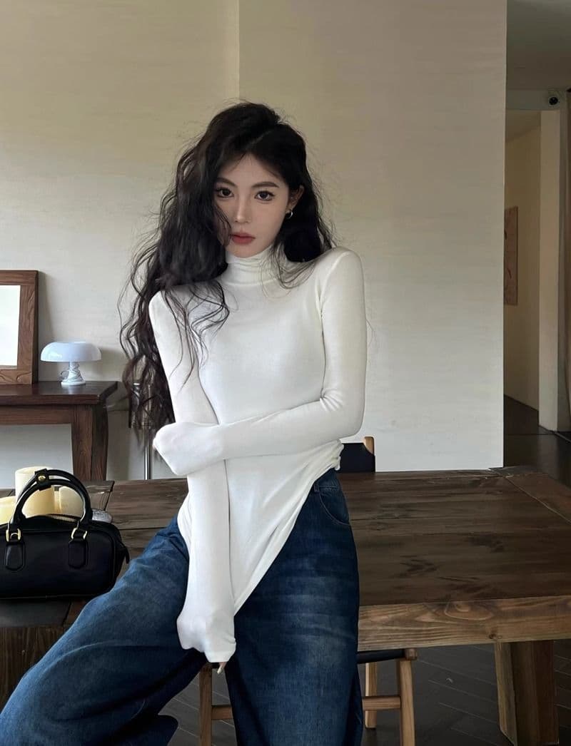 리브 De 플러시 연삭 털 보온 터틀넥 티셔츠 여성 가을 겨울 신축성 회색 긴팔 맨위 털이 있는 기본 셔츠 상세 이미지 20