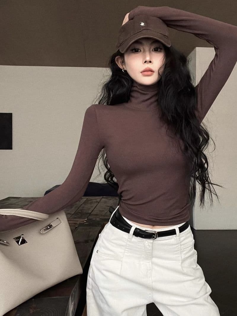 리브 De 플러시 연삭 털 보온 터틀넥 티셔츠 여성 가을 겨울 신축성 회색 긴팔 맨위 털이 있는 기본 셔츠 상세 이미지 21