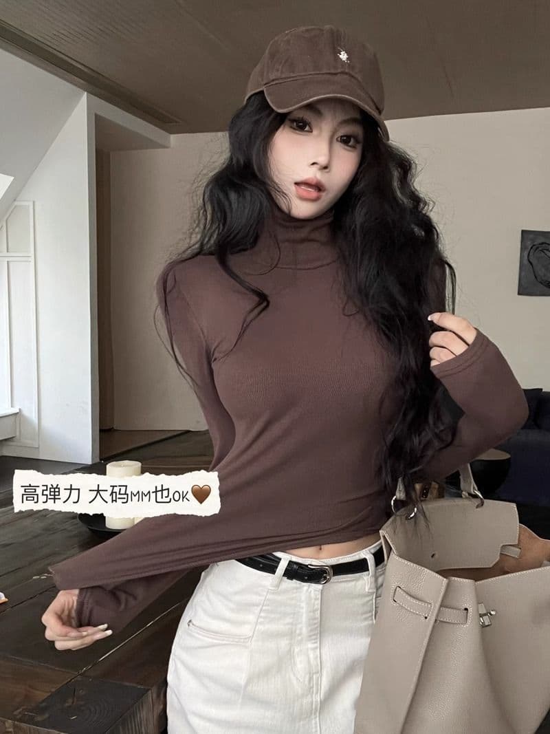 리브 De 플러시 연삭 털 보온 터틀넥 티셔츠 여성 가을 겨울 신축성 회색 긴팔 맨위 털이 있는 기본 셔츠 상세 이미지 24