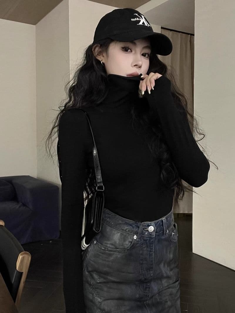 리브 De 플러시 연삭 털 보온 터틀넥 티셔츠 여성 가을 겨울 신축성 회색 긴팔 맨위 털이 있는 기본 셔츠 상세 이미지 27