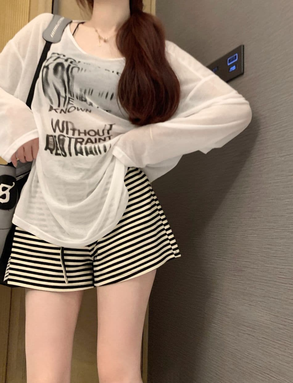 주간 실크 리브 느긋한 오프숄더 긴팔 티셔츠 여성 루즈핏 슬림해 보이는 태양 보호 셔츠 얇은 스타일 맨위 마이크로 ~을 통해 망사 상세 이미지 6