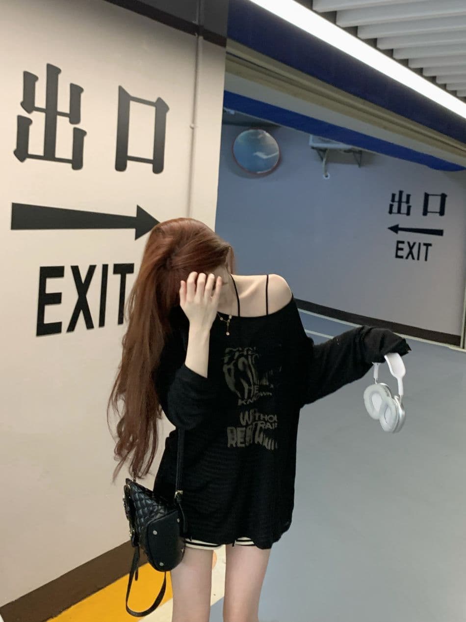 주간 실크 리브 느긋한 오프숄더 긴팔 티셔츠 여성 루즈핏 슬림해 보이는 태양 보호 셔츠 얇은 스타일 맨위 마이크로 ~을 통해 망사 상세 이미지 27